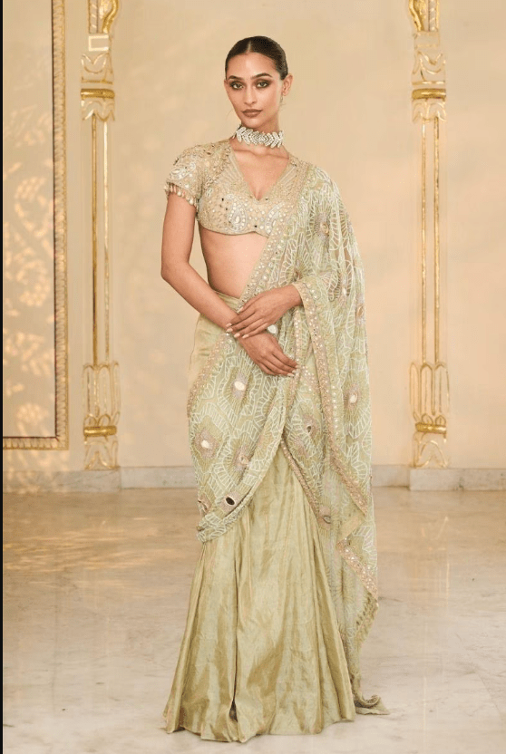 Sea Green Tissue Hand Embroidered Godet Sari Set