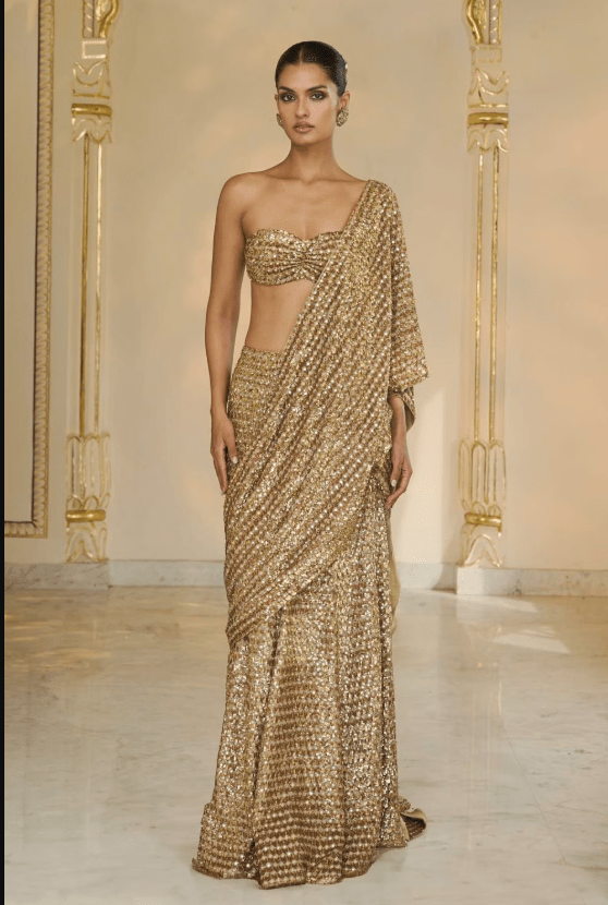 Gold Sequin Hand Embroidered Pre-Drape Sari Set