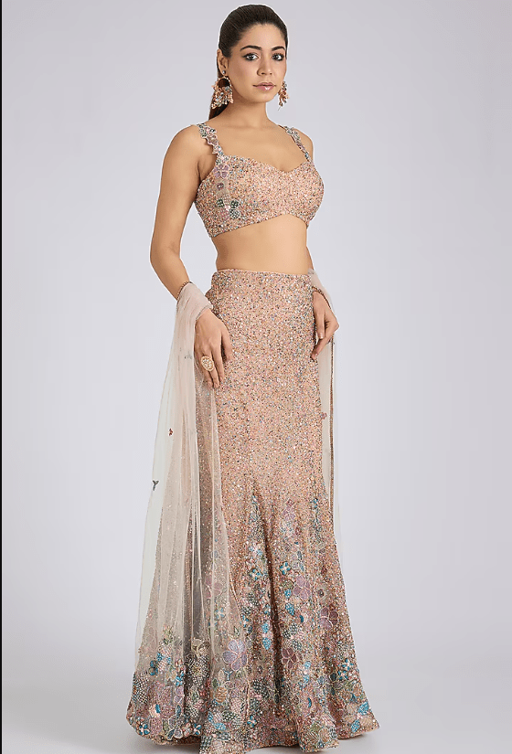 Matilda Pink Tulle Applique Embellished Fish-Tail Lehenga Set