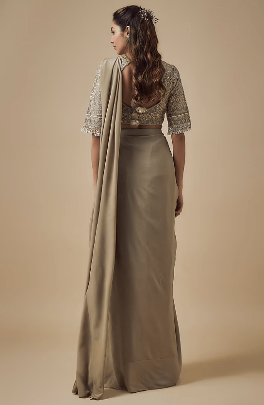 Gold Crepe Pre-Draped Saree Set - Image 2