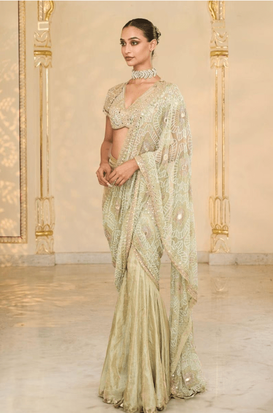 Sea Green Tissue Hand Embroidered Godet Sari Set - Image 2