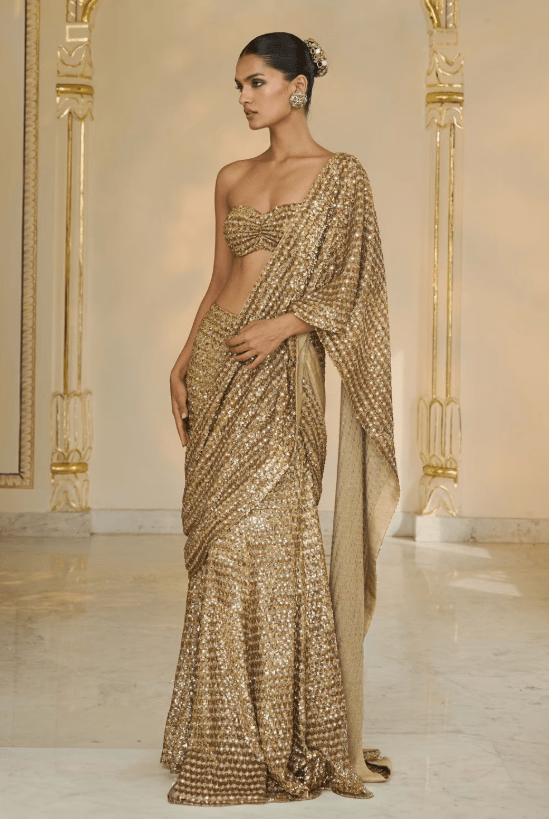Gold Sequin Hand Embroidered Pre-Drape Sari Set - Image 2