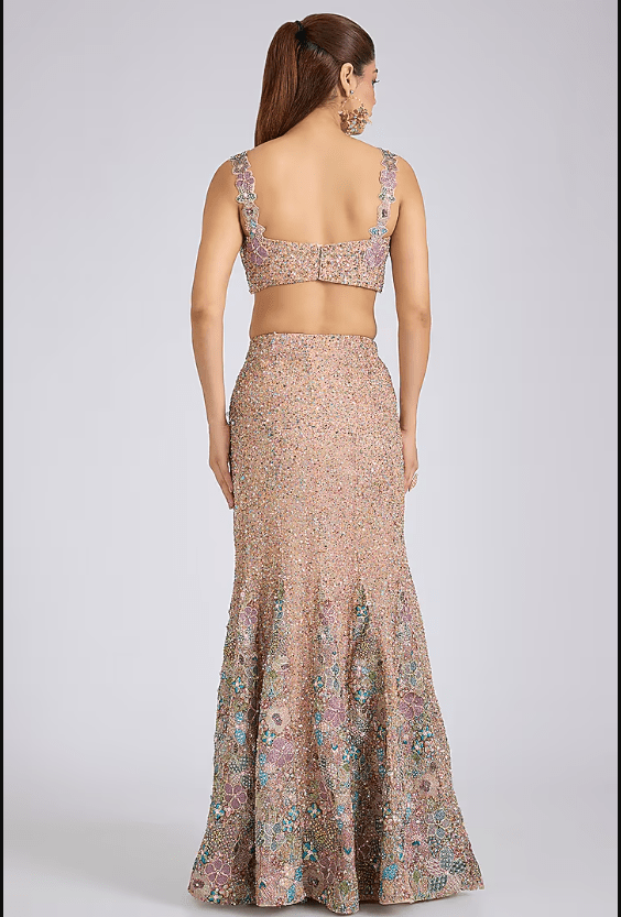 Matilda Pink Tulle Applique Embellished Fish-Tail Lehenga Set - Image 2