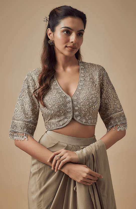 Gold Crepe Pre-Draped Saree Set - Image 3