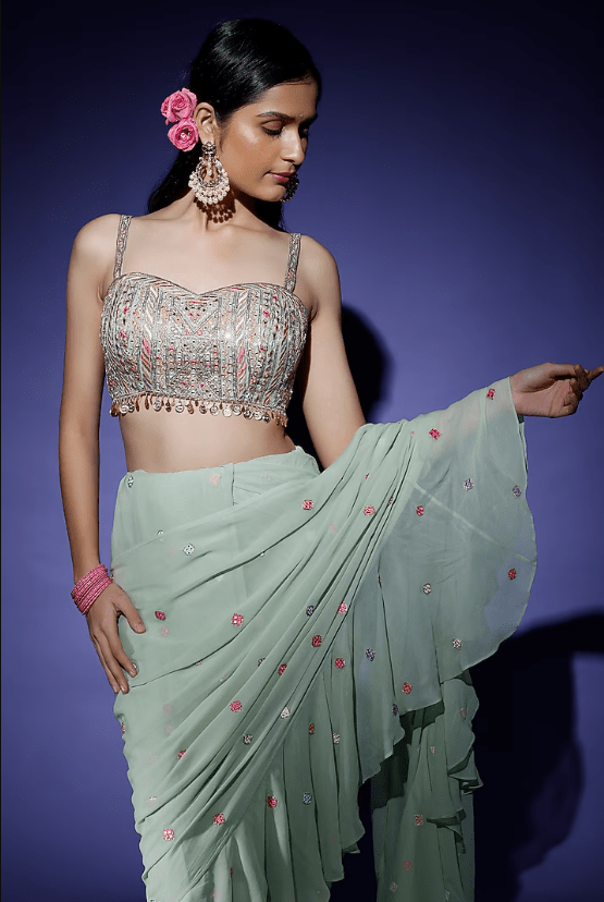 Mint Green Georgette Ruffled Saree Set - Image 3