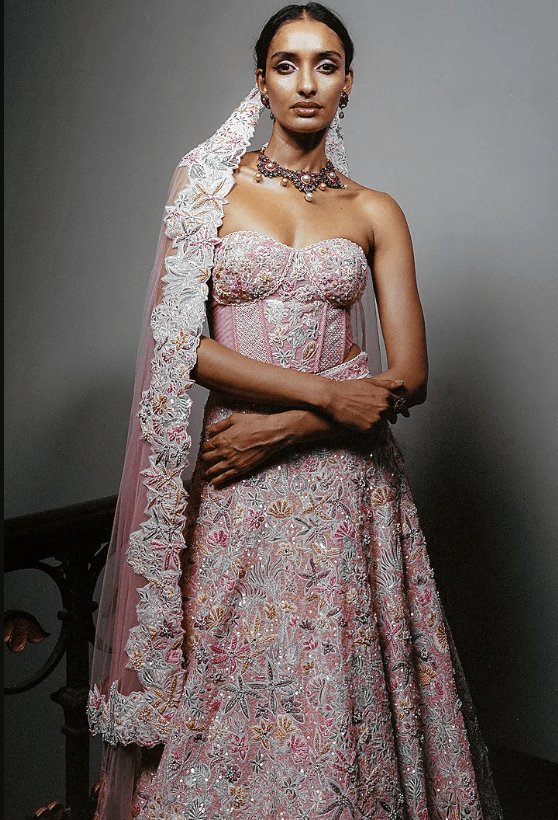 Blush Pink Tulle & Organza Sequin Embroidered Lehenga Set - Image 3