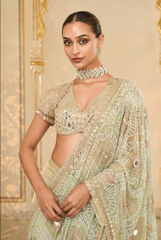 Sea Green Tissue Hand Embroidered Godet Sari Set - Image 4