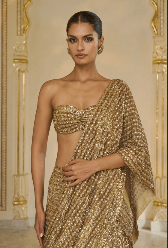Gold Sequin Hand Embroidered Pre-Drape Sari Set - Image 4