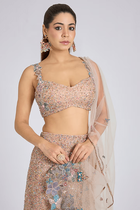 Matilda Pink Tulle Applique Embellished Fish-Tail Lehenga Set - Image 4
