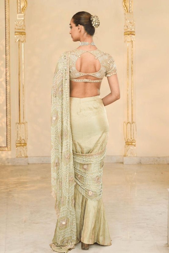 Sea Green Tissue Hand Embroidered Godet Sari Set - Image 5