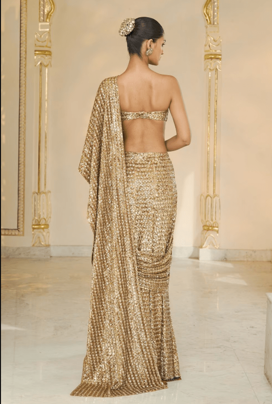 Gold Sequin Hand Embroidered Pre-Drape Sari Set - Image 5
