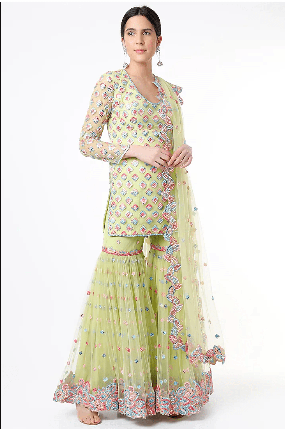 Mint Green Soft Net Resham & Cutwork Embroidered Gharara Set