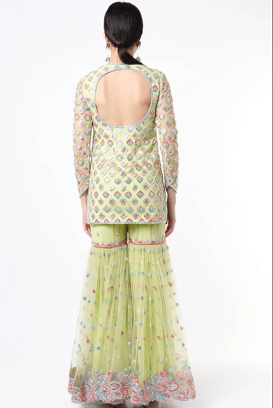 Mint Green Soft Net Resham & Cutwork Embroidered Gharara Set - Image 2