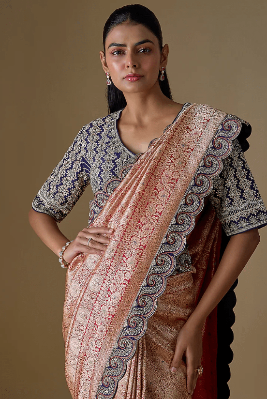 Red Banarasi Silk Zardosi Embroidered Saree Set - Image 3