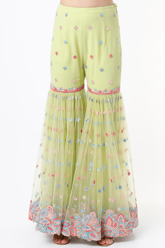 Mint Green Soft Net Resham & Cutwork Embroidered Gharara Set - Image 3