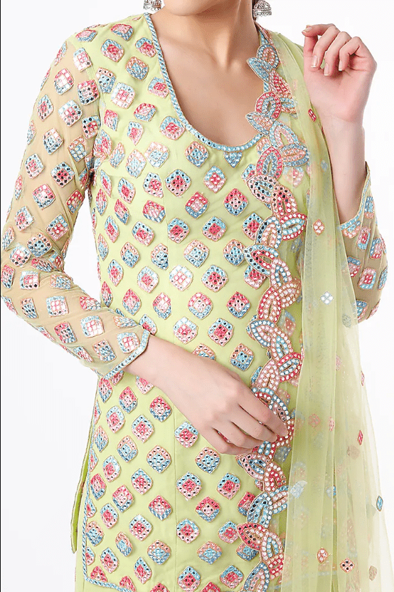 Mint Green Soft Net Resham & Cutwork Embroidered Gharara Set - Image 4