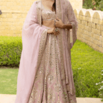 Dust Pink tiered hand embroidered sari set