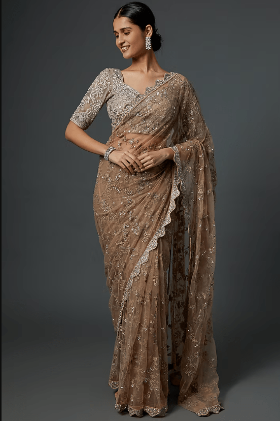 Beige Organza Zardosi Embroidered Saree Set