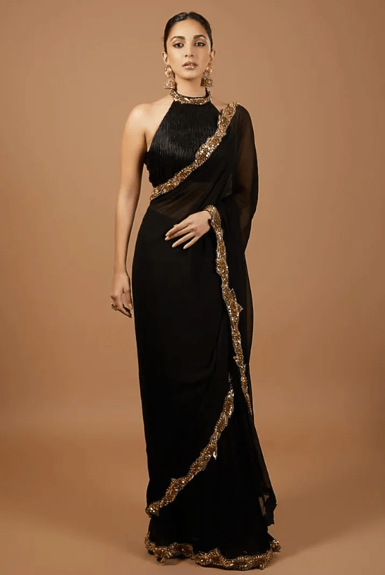 Black Georgette Cutwork Embroidered Pre-Stitched Saree Set