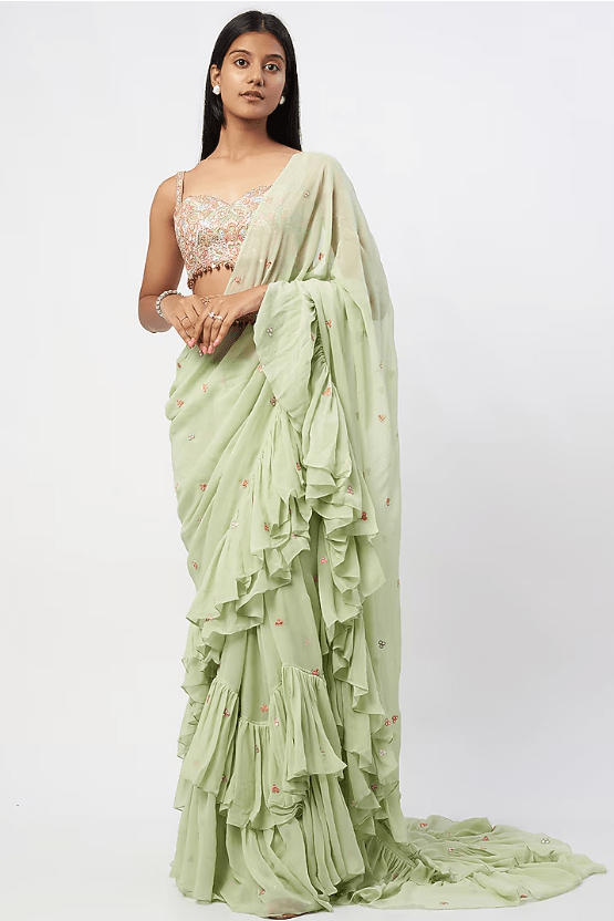 Mint Green Georgette Ruffled Saree Set
