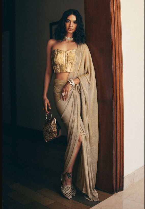 Gold Metallic Weave Gotta + Mirror Sari Set