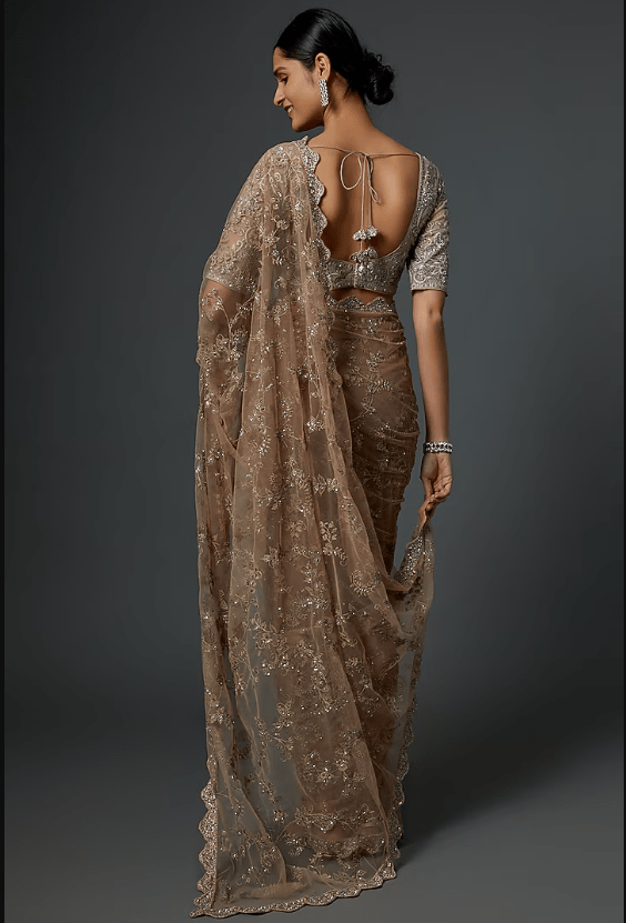 Beige Organza Zardosi Embroidered Saree Set - Image 2