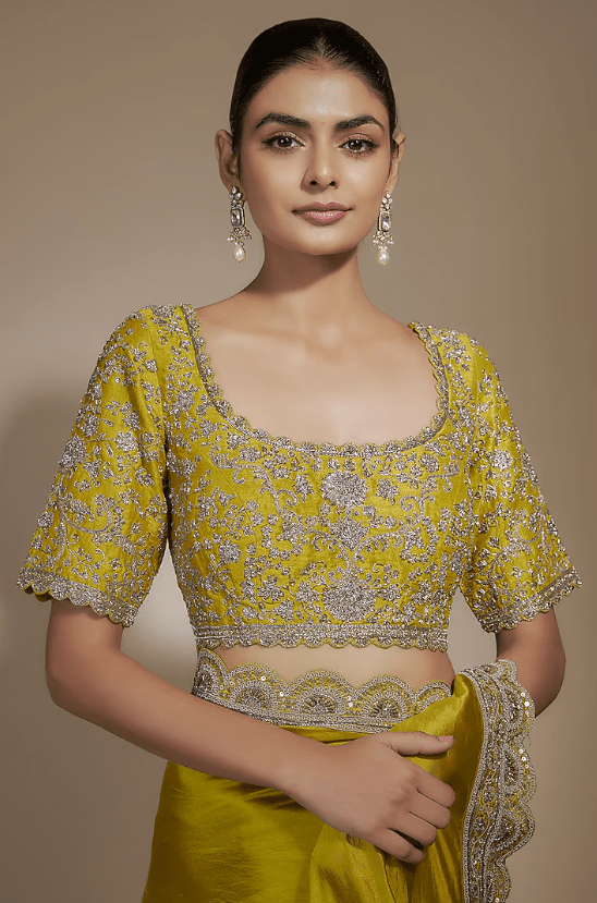 Mustard Yellow Silk Zari Embroidered Saree Set - Image 3