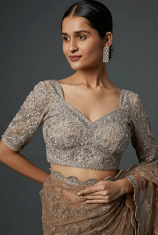 Beige Organza Zardosi Embroidered Saree Set - Image 3