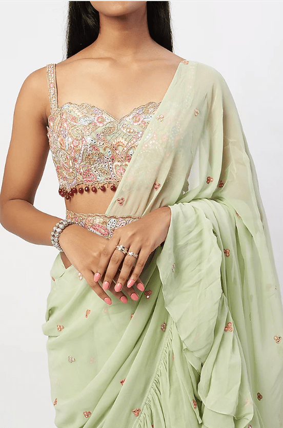 Mint Green Georgette Ruffled Saree Set - Image 3
