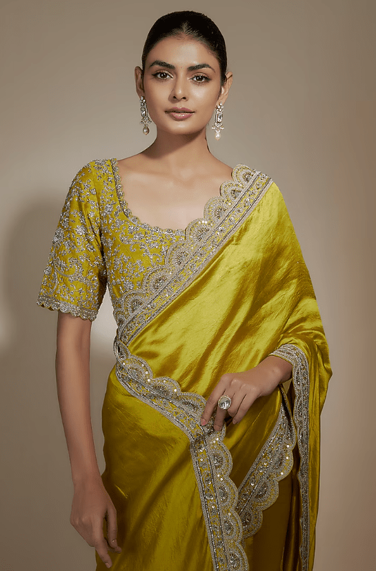 Mustard Yellow Silk Zari Embroidered Saree Set - Image 4