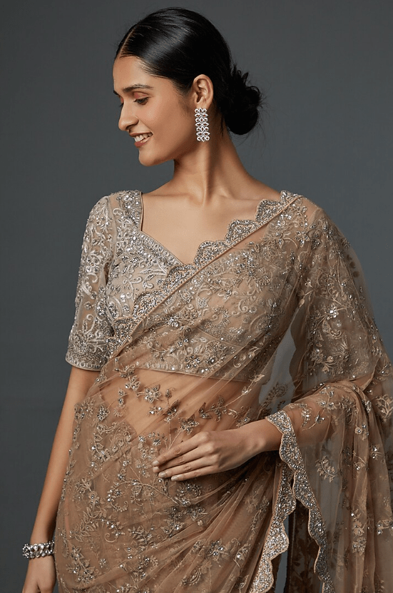 Beige Organza Zardosi Embroidered Saree Set - Image 4