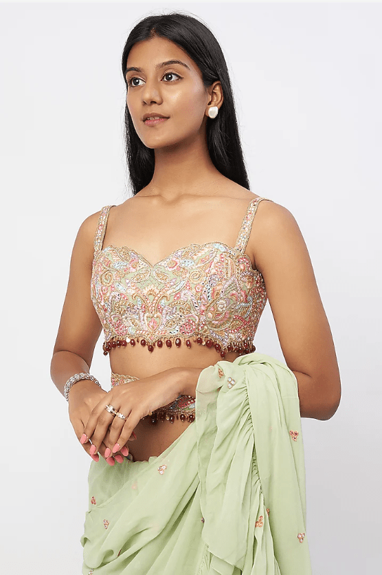 Mint Green Georgette Ruffled Saree Set - Image 4