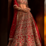 Ruby Red Raw Silk Zardosi & Mirror Embroidered Lehenga Set