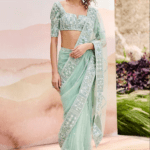 Mint Green Tulle Geometric Embroidered Saree Set