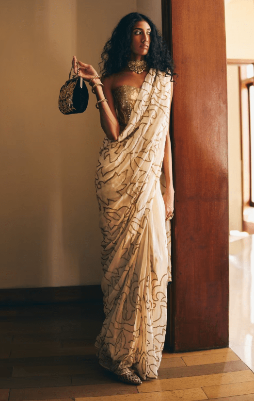 Ivory Organza Zardozi Jaal Sari Set