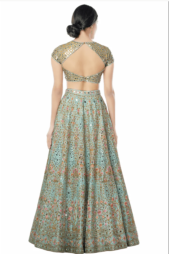 Blue Embroidered Raw Silk Lehenga Set - Image 2