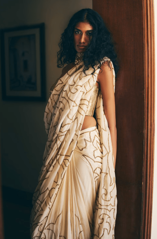 Ivory Organza Zardozi Jaal Sari Set - Image 3