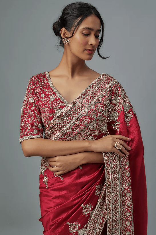 Red Silk Zardosi Embroidered Saree Set - Image 4