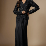 .Black Satin Organza Draped Skirt Set