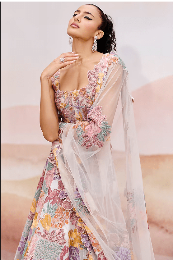 Ivory Organza Floral Embroidered Lehenga Set - Image 2