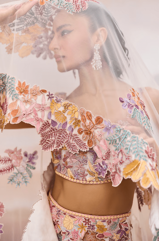 Ivory Organza Floral Embroidered Lehenga Set - Image 4