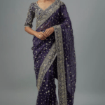 Purple Organza Zardosi Embroidered Saree Set