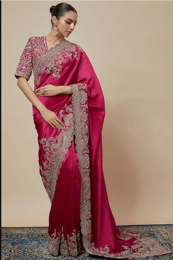 Rani Pink Silk Zari Embroidered Saree Set