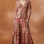 Red Georgette Sequins Embroidered Jacket Set