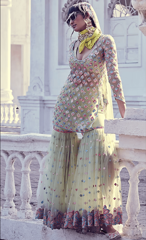 Green Soft Net Hand & Machine Embroidered Gharara Set