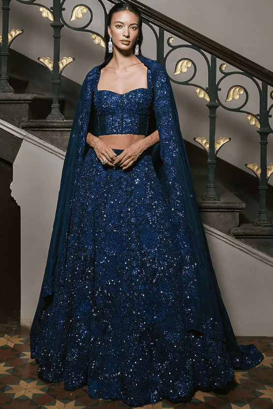 Navy Blue Organza Sequin Embroidered Lehenga Set