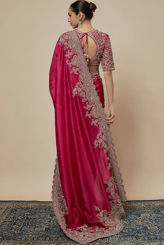 Rani Pink Silk Zari Embroidered Saree Set - Image 2