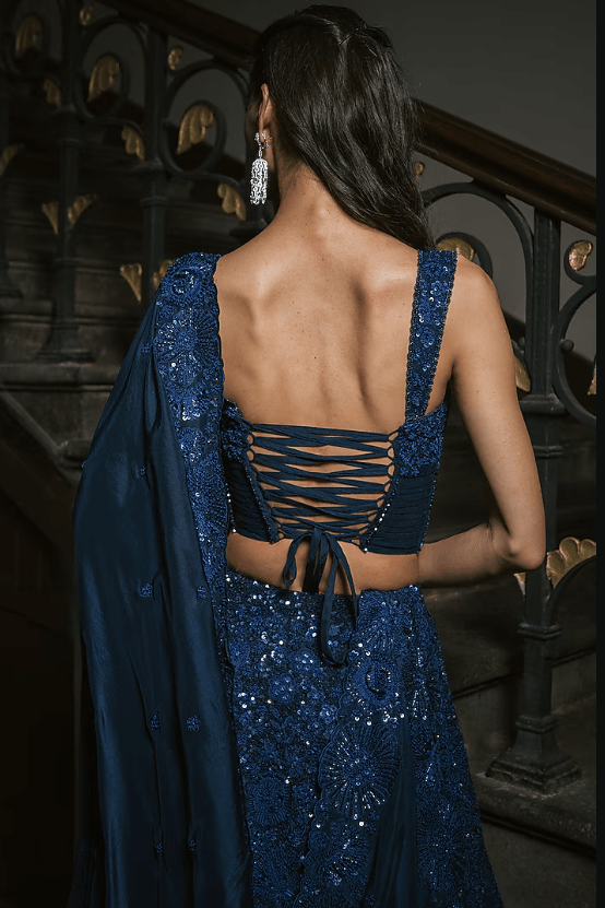 Navy Blue Organza Sequin Embroidered Lehenga Set - Image 2