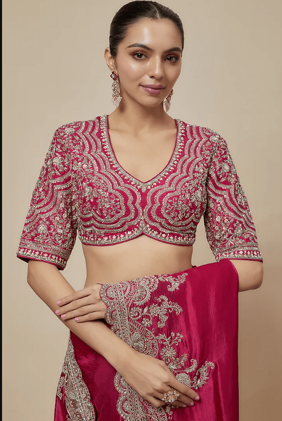 Rani Pink Silk Zari Embroidered Saree Set - Image 3