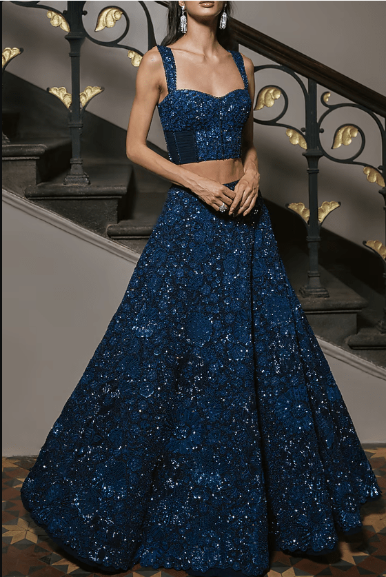 Navy Blue Organza Sequin Embroidered Lehenga Set - Image 4